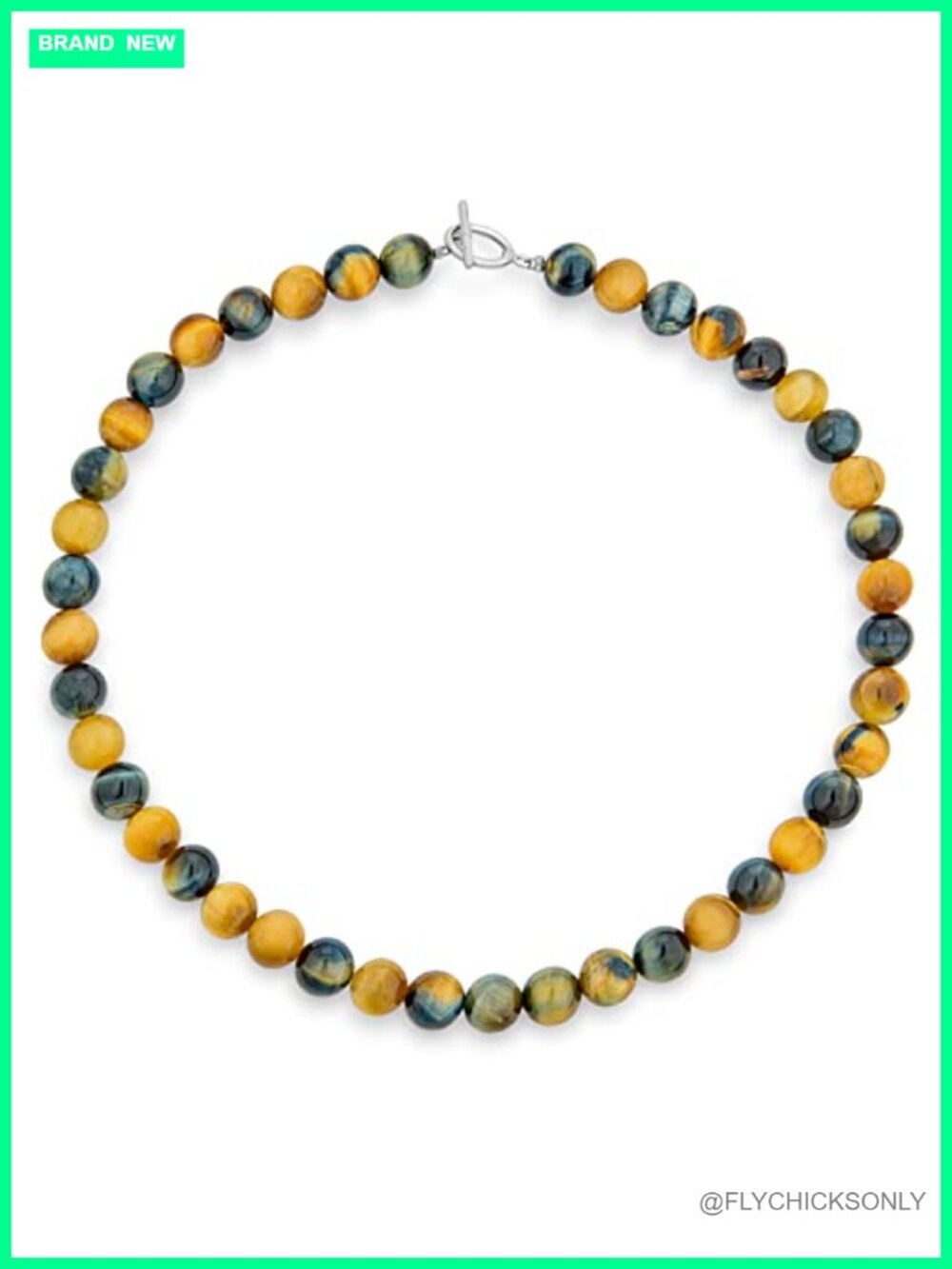 Tiger Eye Ball Bead Strand Necklace Choker Toggle Clasp Silver Plated Brass